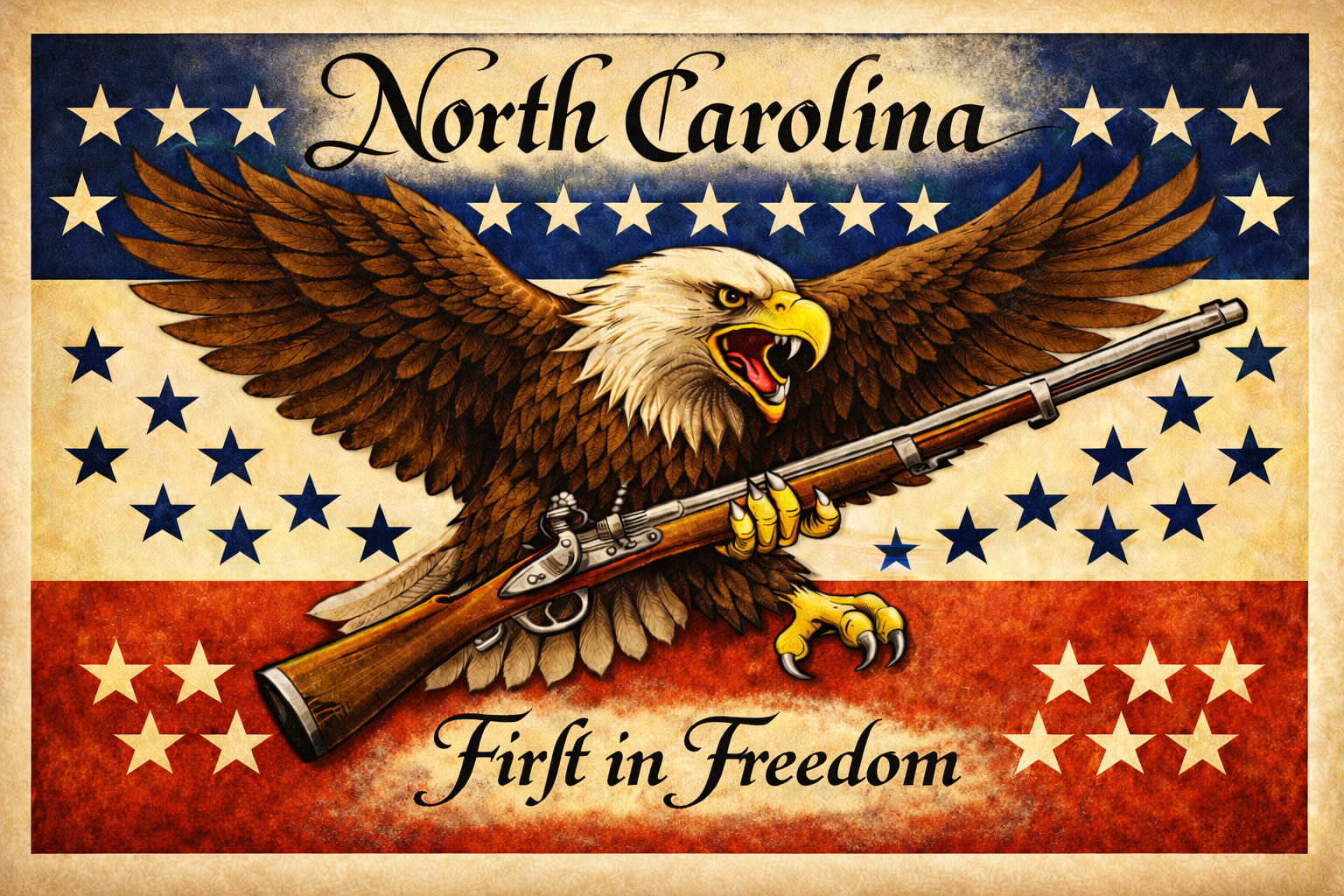 Proposed NC state flag featuring eagle, musket, and an assertive font
